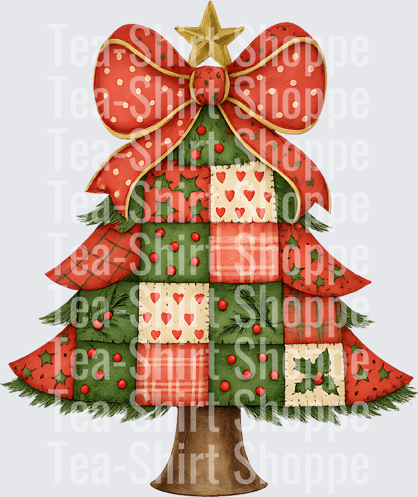 Retro Patchwork Christmas Tree Merry Christmas Bow Png