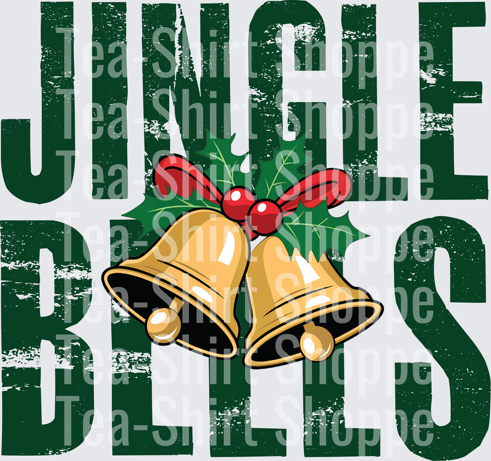 Jingle Bells Distressed Green Text with Gold Bells Holly