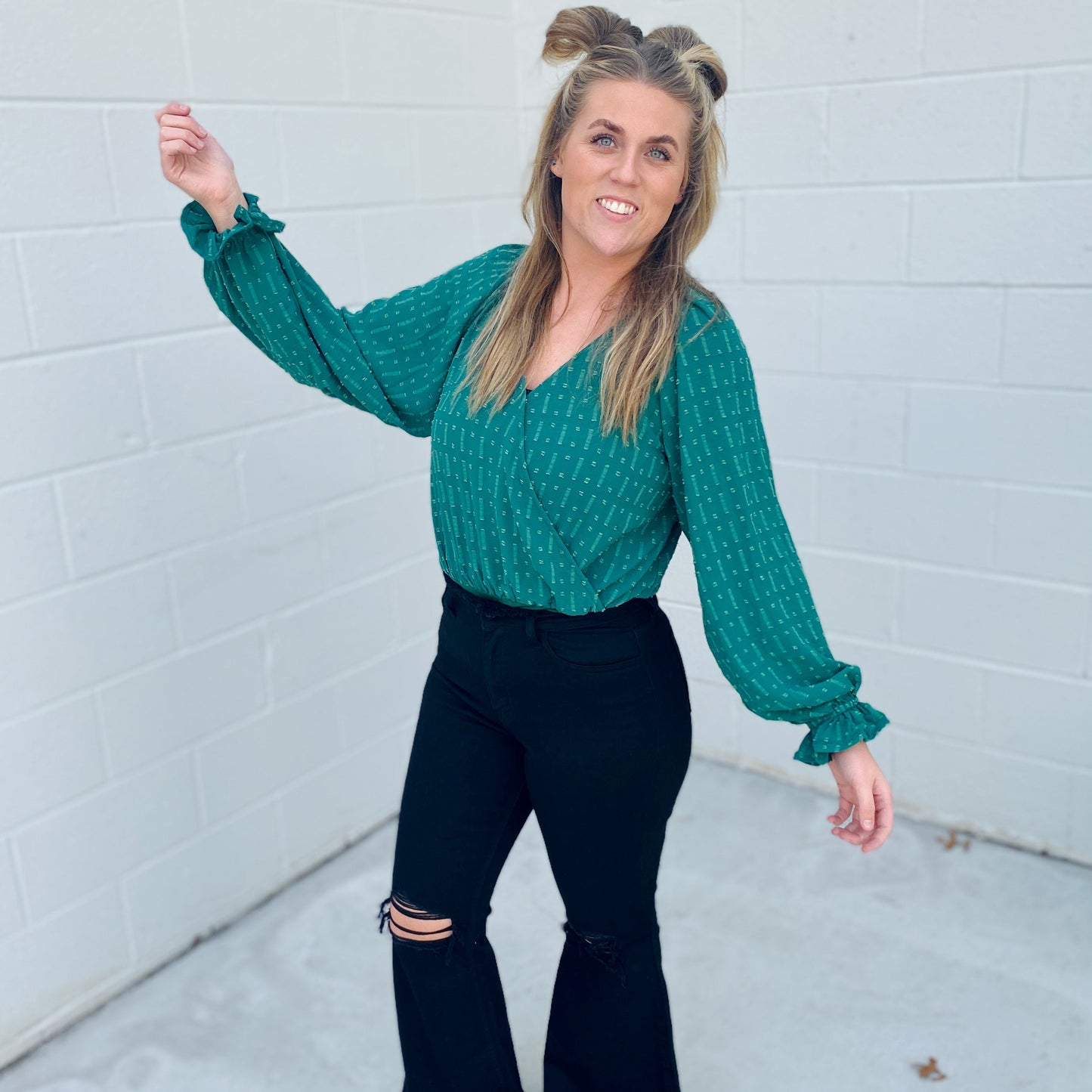 Green Long Sleeve Solid Knit Bodysuit clearance White Birch