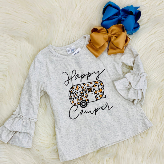 This heather gray fall graphic ruffle sleeve top features a vibrant leopard camper design and flared ruffle sleeves. We recommend pairing it with our leopard patch jeans.  In-store ready to ship or try on!