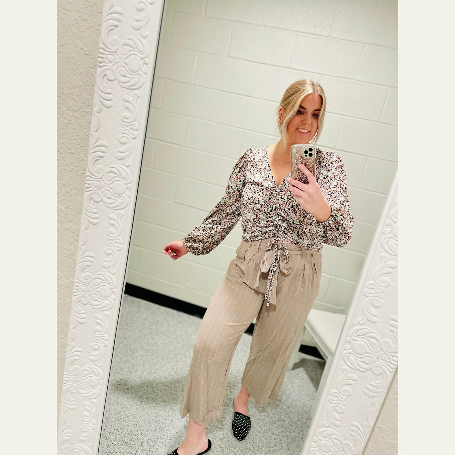 Pinstripe Belted Wide Leg Crop Pants Pants promesa usa