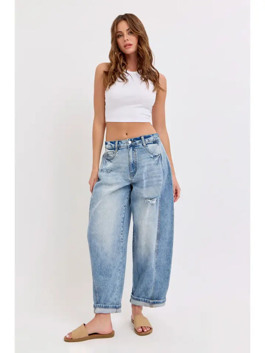 Mid-Waisted Barrel Jeans with Side Panels