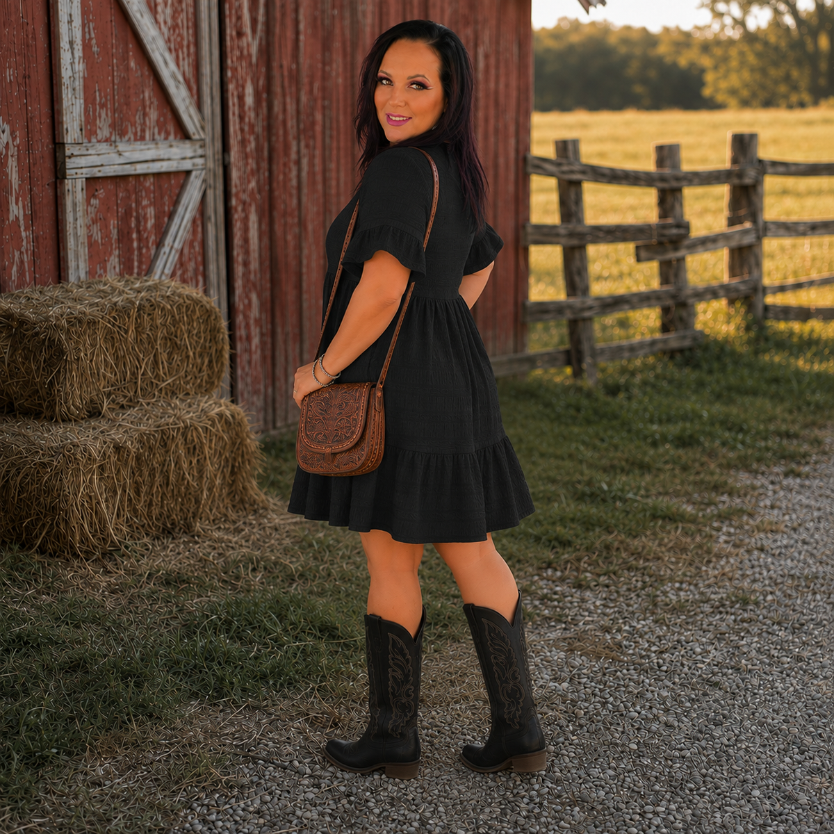 BLack Textured Smocked Short Sleeve Tiered Midi Dress