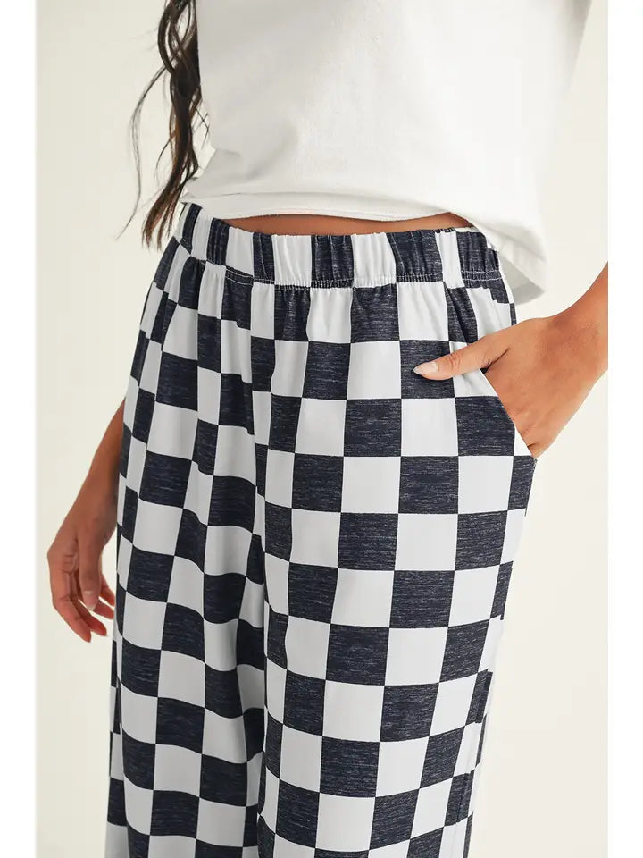 2-Tone Checked Print High Waist Wide Leg Pants