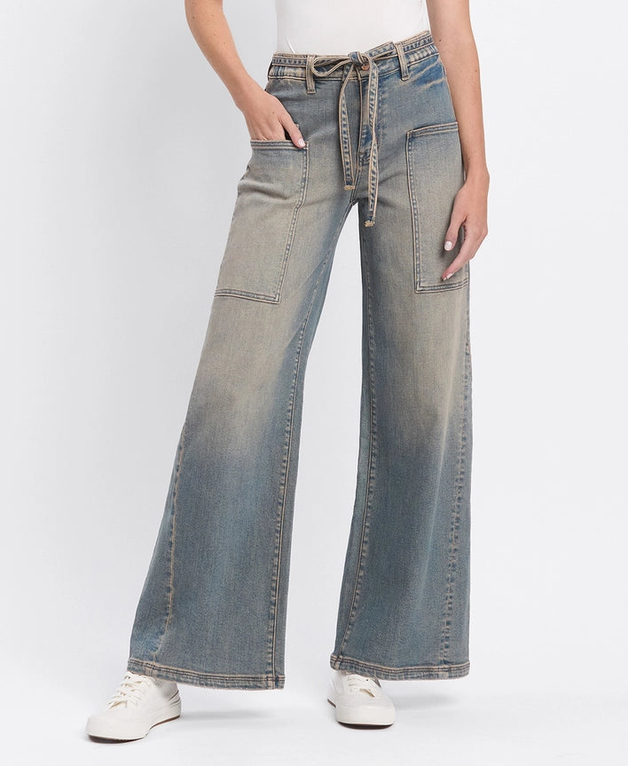 High Rise Elastic Tie Waistband Baggy Wide Jeans