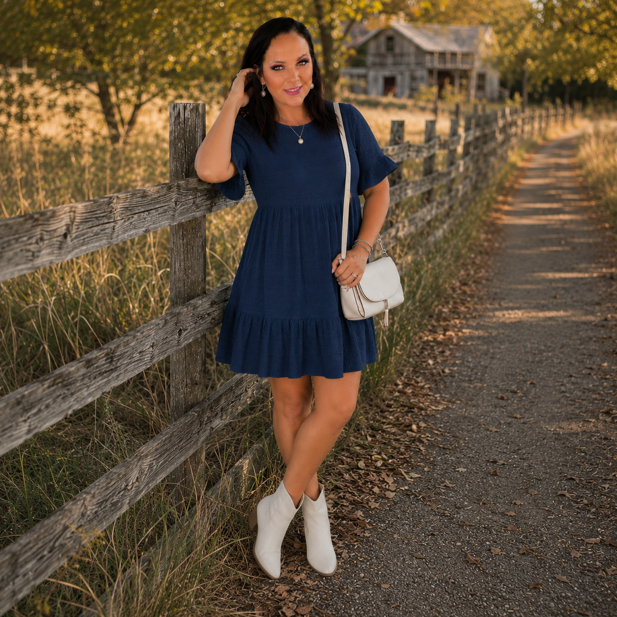 Navy Blue Textured Smocked Short Sleeve Tiered Midi Dress
