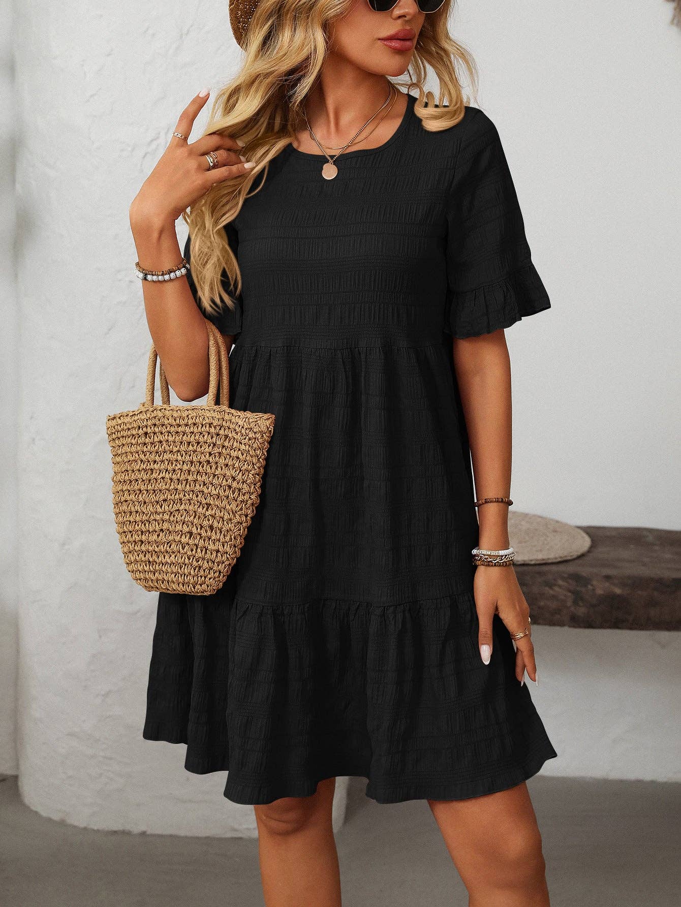 Textured Smocked Short Sleeve Tiered Midi Dress