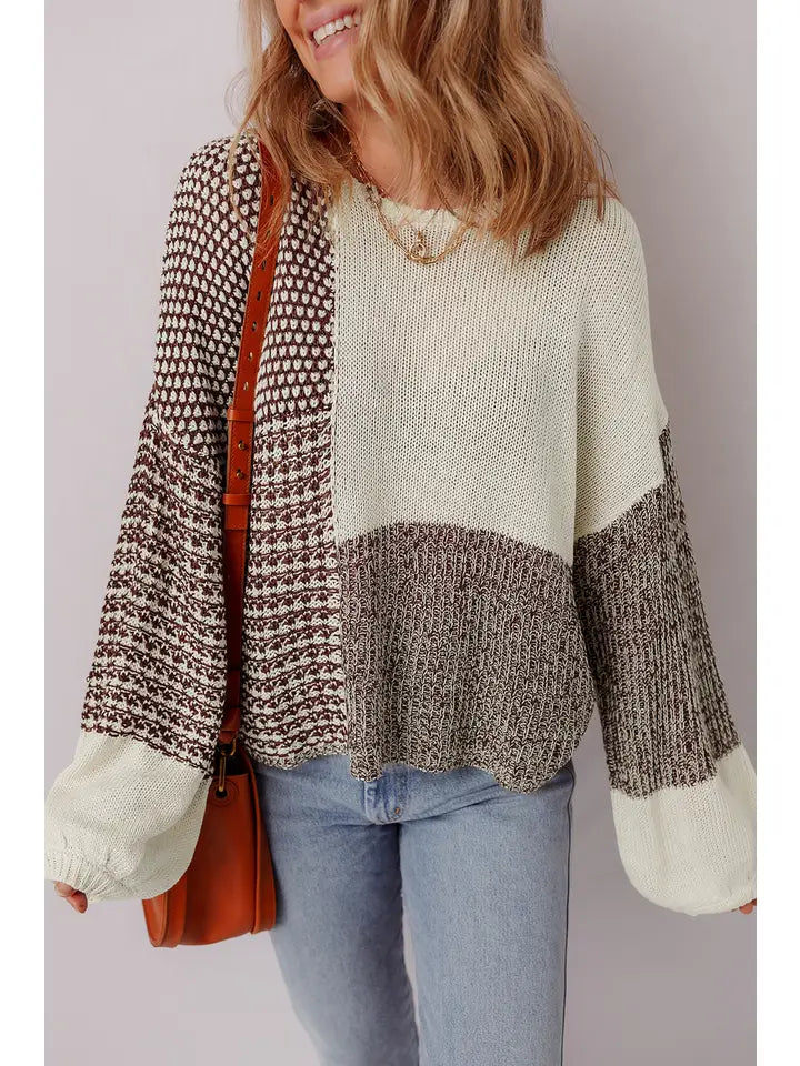 Color Block Back Tie Drop Shoulder Loose Sweater
