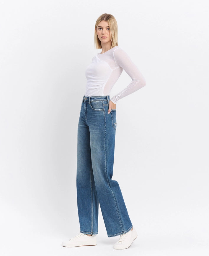 Super High Rise Medium Dark Wash Wide Leg Jeans