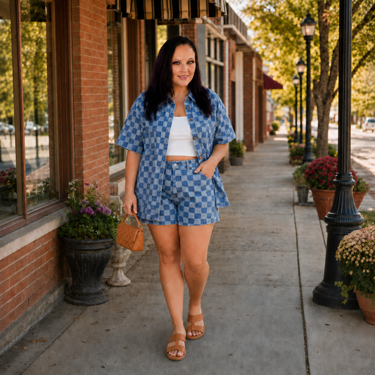 Checkered Shirt and Shorts Denim Set