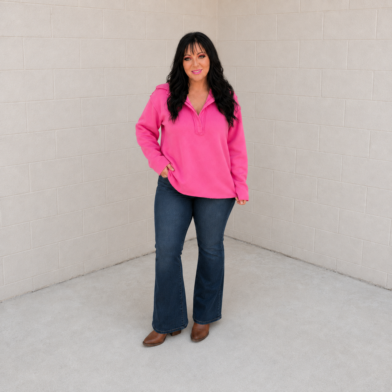 Same Ol' Situation Collared Pullover in Hot Pink