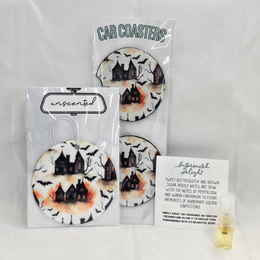 Haunted Hills Matching Car Coaster & Freshener Set