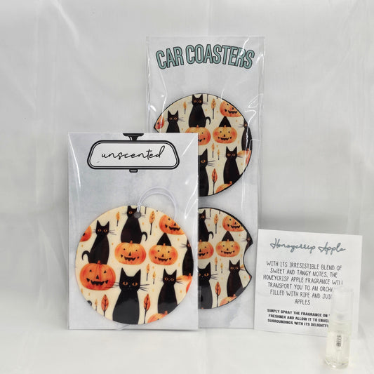 Purrfectly Pumpkin Car Coaster & Freshener Set