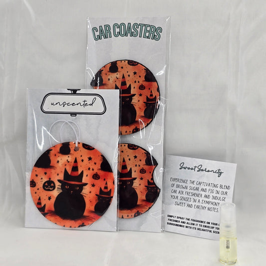 Witchy Cat Car Coaster & Freshener Set