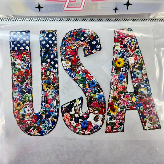 Floral Patchwork USA Hot Peel Custom Full Color Ready For Press DTF Print Transfer, Direct To Film Tea-Shirt Shoppe