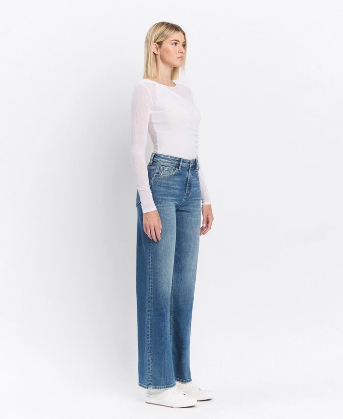 Super High Rise Medium Dark Wash Wide Leg Jeans