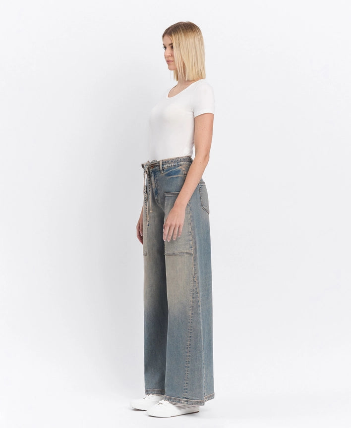 High Rise Elastic Tie Waistband Baggy Wide Jeans