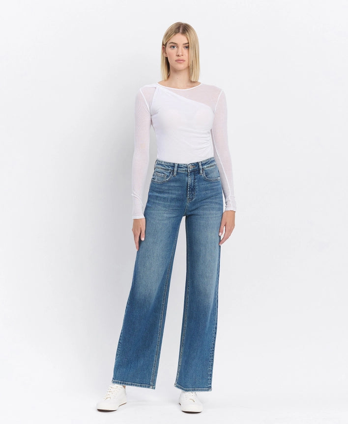 Super High Rise Medium Dark Wash Wide Leg Jeans