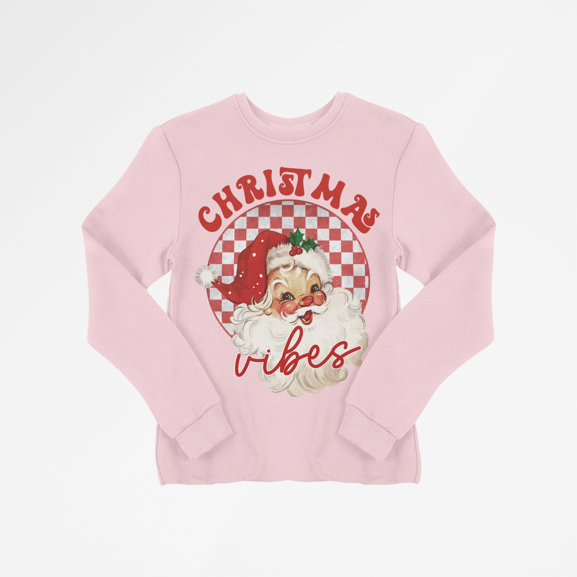 Pink long-sleeve shirt with Christmas-themed design featuring Santa Claus on a white background