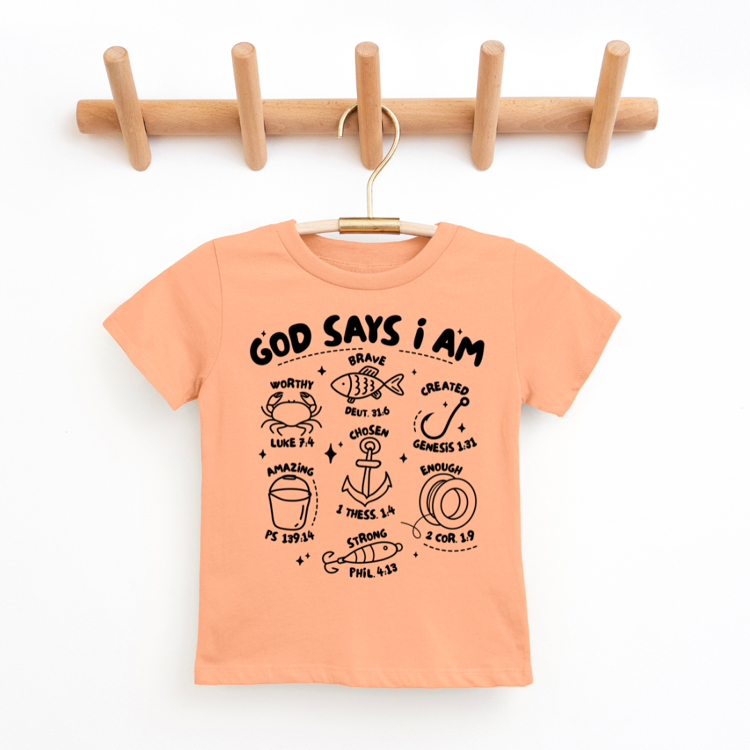 God Says I Am (Fishing) Youth & Toddler Graphic Tee Youth Graphic Tee Tea Shirt Shoppe 2T Sunset