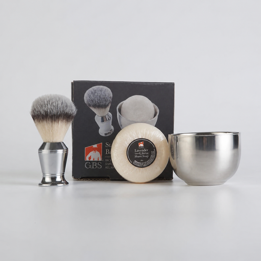 G.B.S Wet Shaving Set- Stainless Shaving Brush, Bowl + Soap