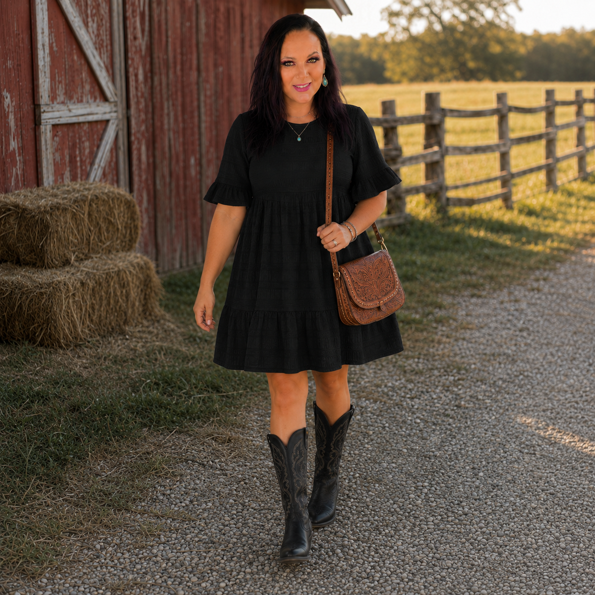 BLack Textured Smocked Short Sleeve Tiered Midi Dress