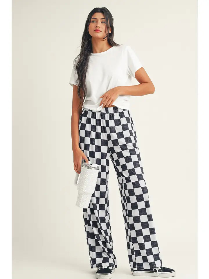 2-Tone Checked Print High Waist Wide Leg Pants