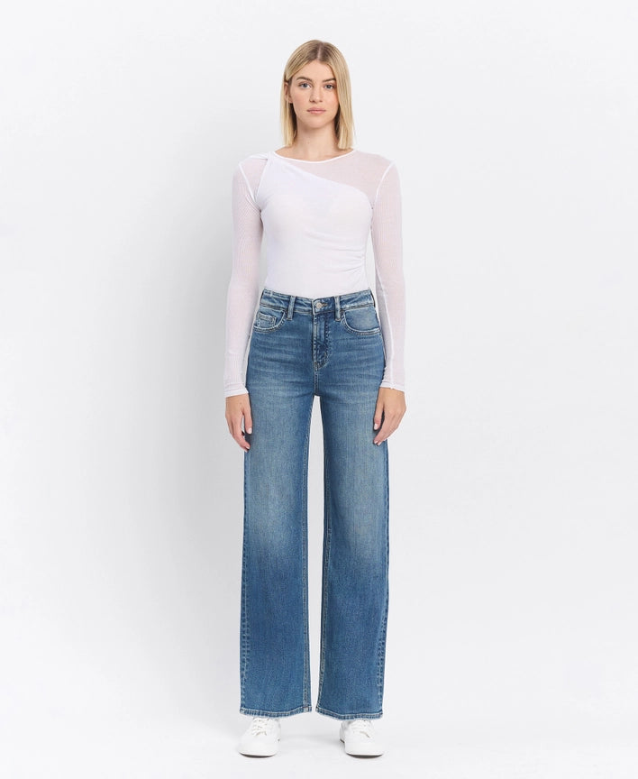 Super High Rise Medium Dark Wash Wide Leg Jeans