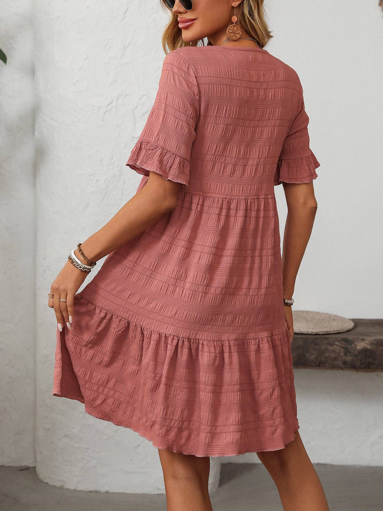 Textured Smocked Short Sleeve Tiered Midi Dress