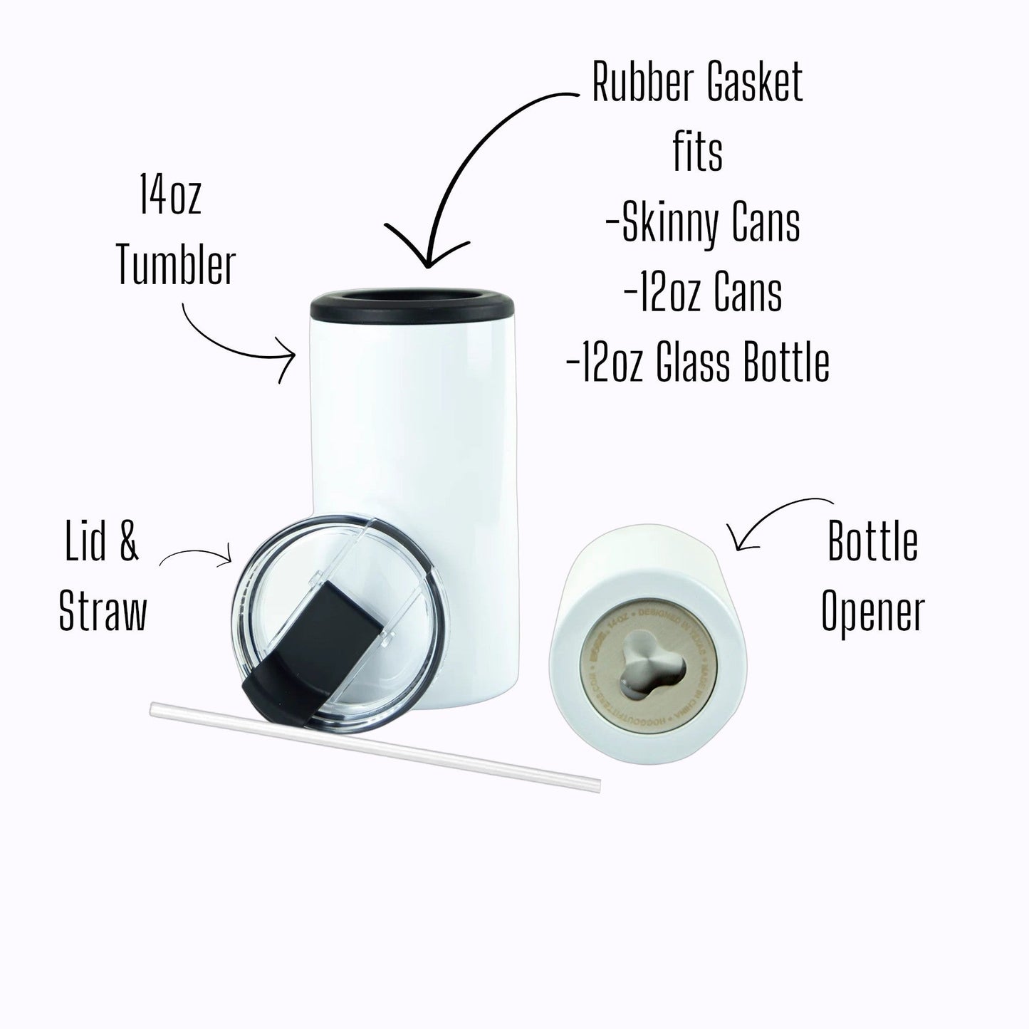 White tumbler with lid, straw, bottle opener, and rubber gasket on a white background