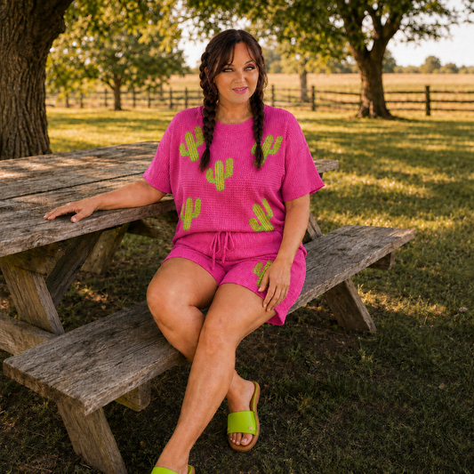 Waffle-Knit Round Neck Top and Shorts Set