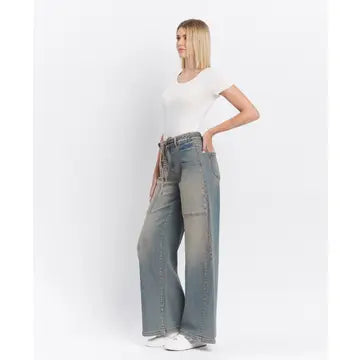 High Rise Elastic Tie Waistband Baggy Wide Jeans