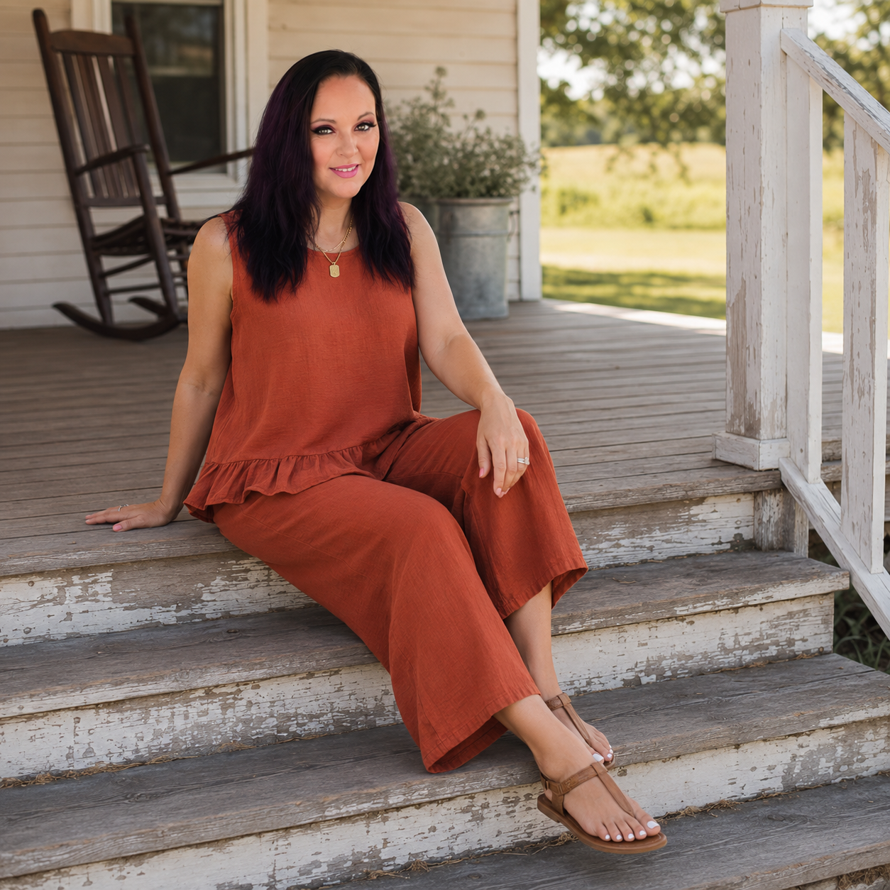 Sleeveless Ruffle Hem Tank and Wide Leg Two-Piece Set in 95% polyester/5% spandex blend