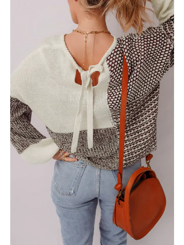 Color Block Back Tie Drop Shoulder Loose Sweater