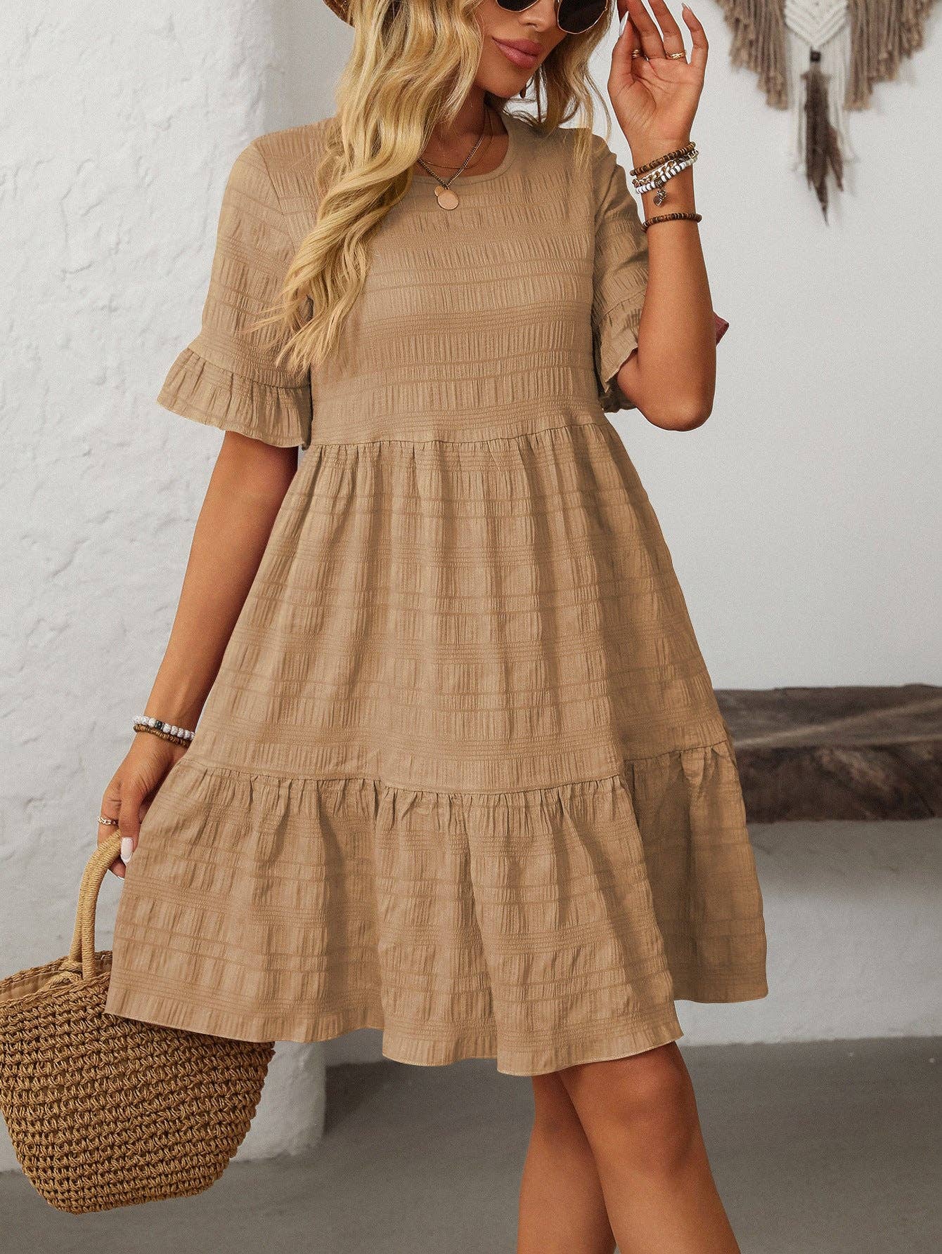 Textured Smocked Short Sleeve Tiered Midi Dress