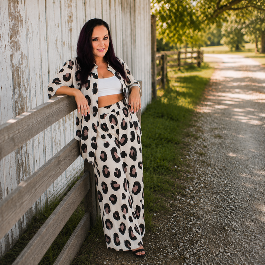 Leopard Print Relaxed Fit Shirt and Pants Two-Piece Set