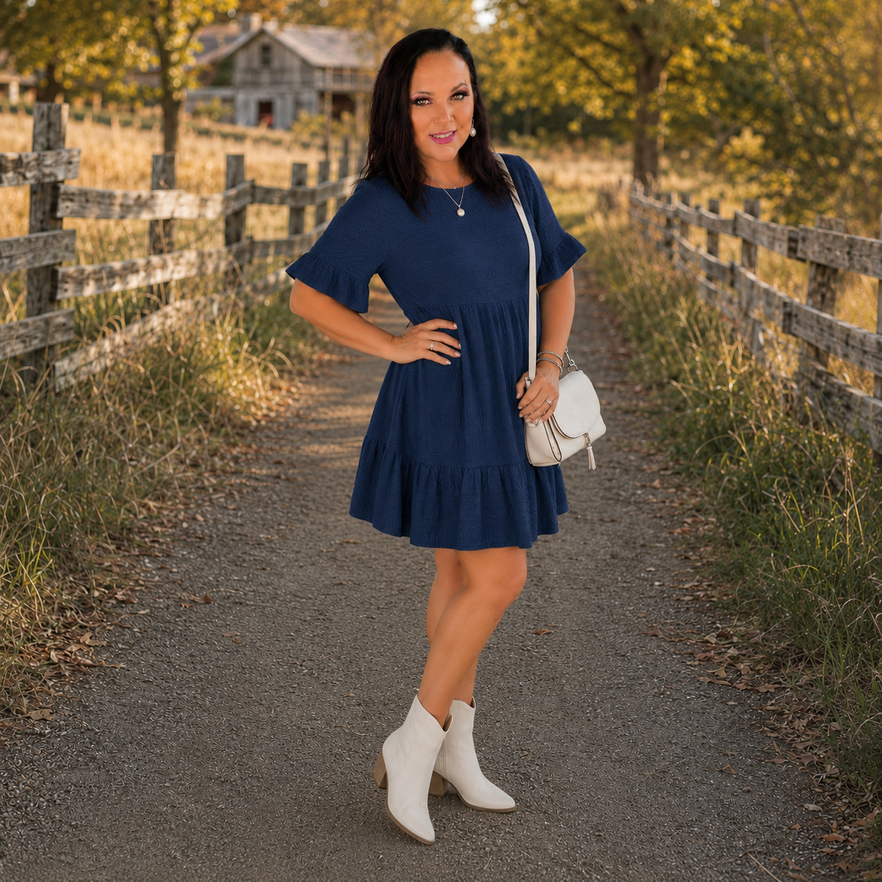 Navy Blue Textured Smocked Short Sleeve Tiered Midi Dress