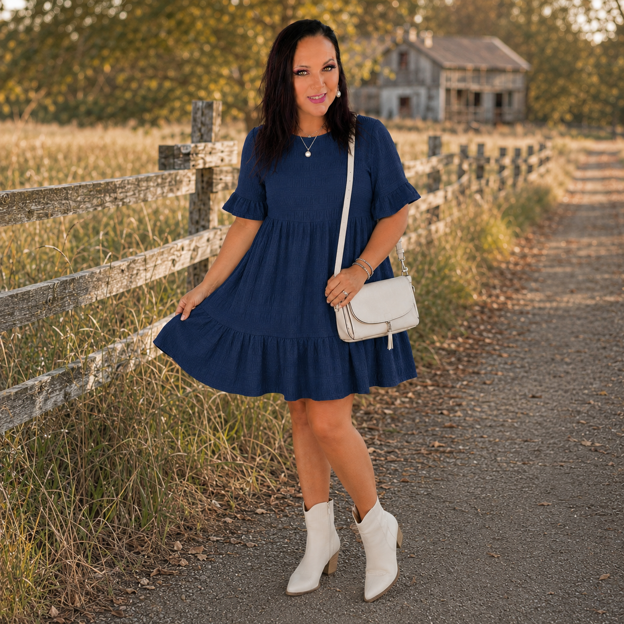 Navy Blue Textured Smocked Short Sleeve Tiered Midi Dress