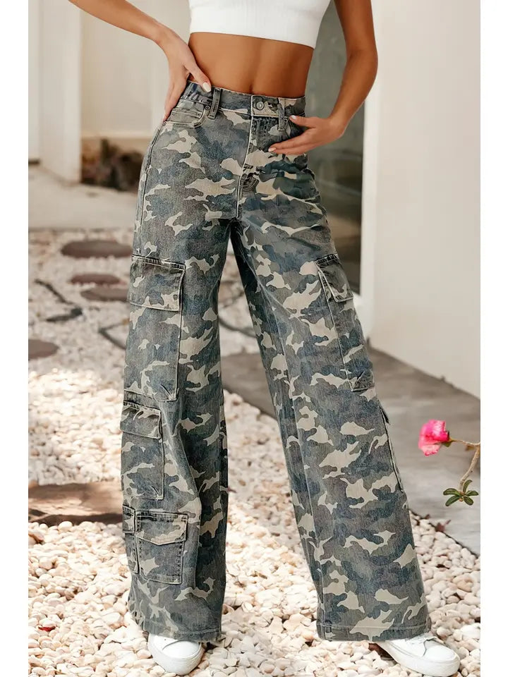 Camo Denim Cargo Wide Leg Pants