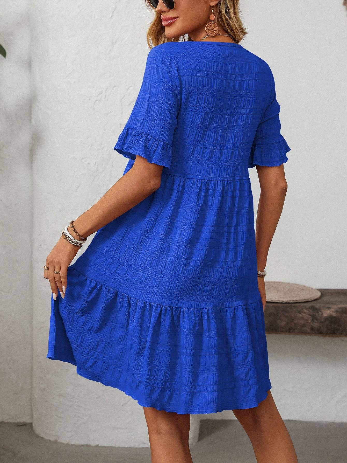 Textured Smocked Short Sleeve Tiered Midi Dress