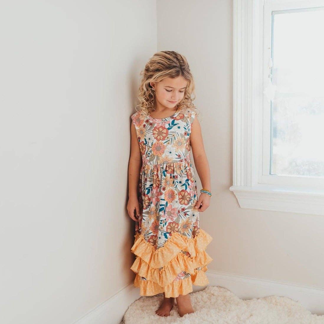 Kids Retro Butter Floral 3 Ruffle Spring Summer Easter Dress