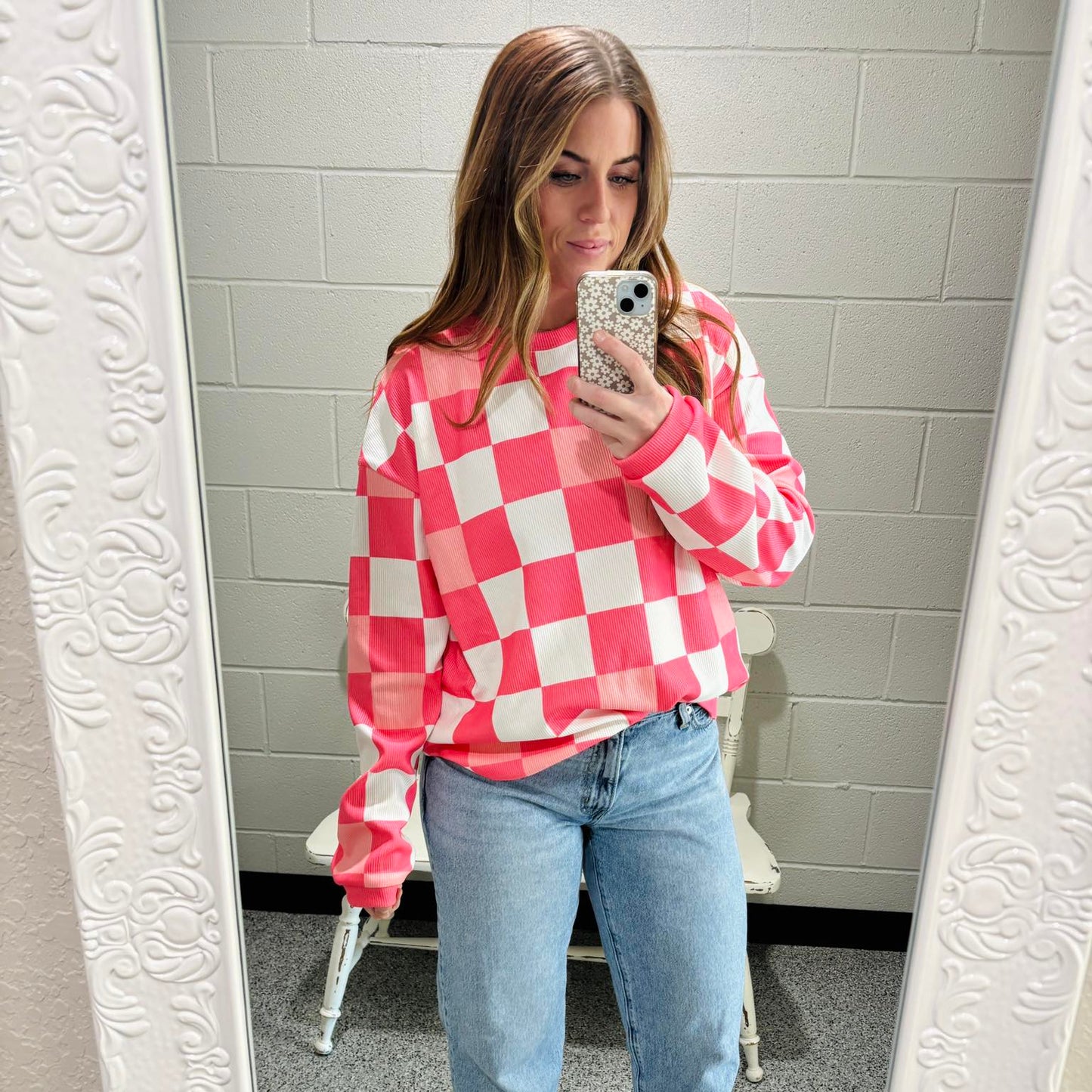 Pink Checkered Chenille Cotton Corded Crew Sweatshirt