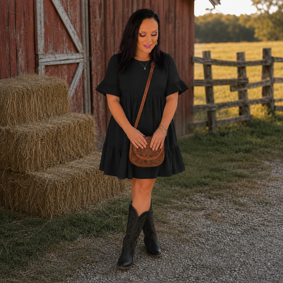 BLack Textured Smocked Short Sleeve Tiered Midi Dress