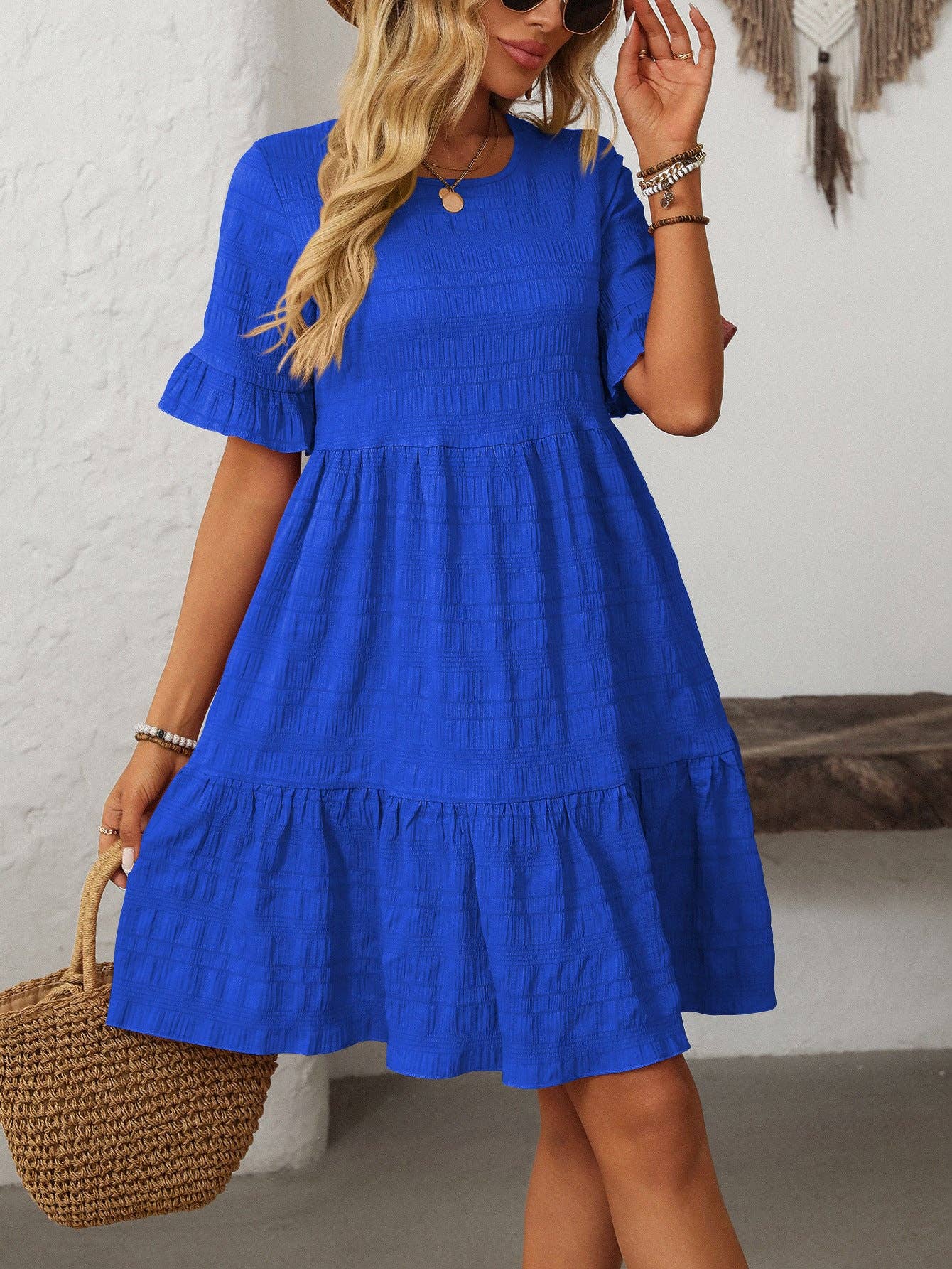 Textured Smocked Short Sleeve Tiered Midi Dress