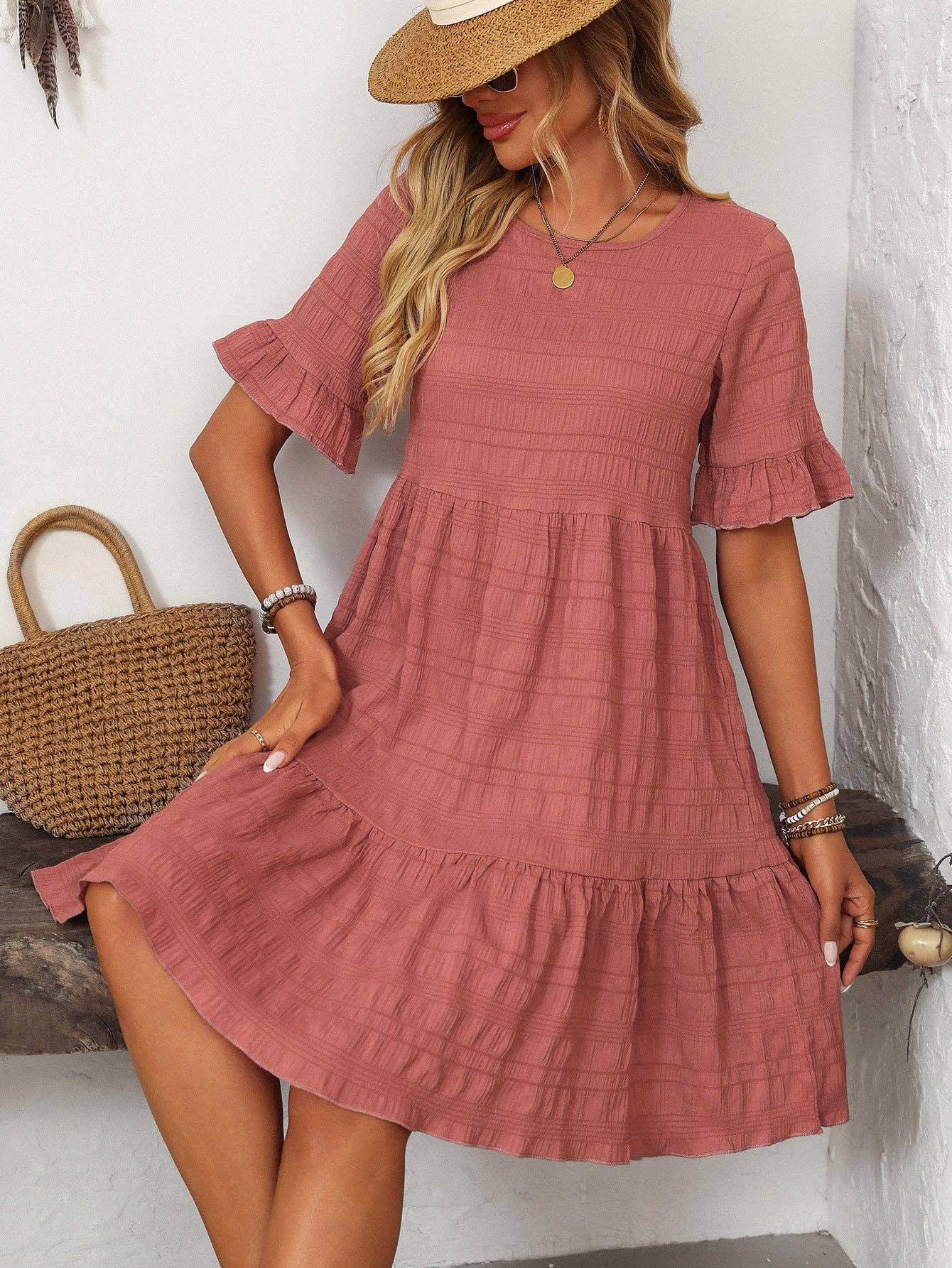 Textured Smocked Short Sleeve Tiered Midi Dress