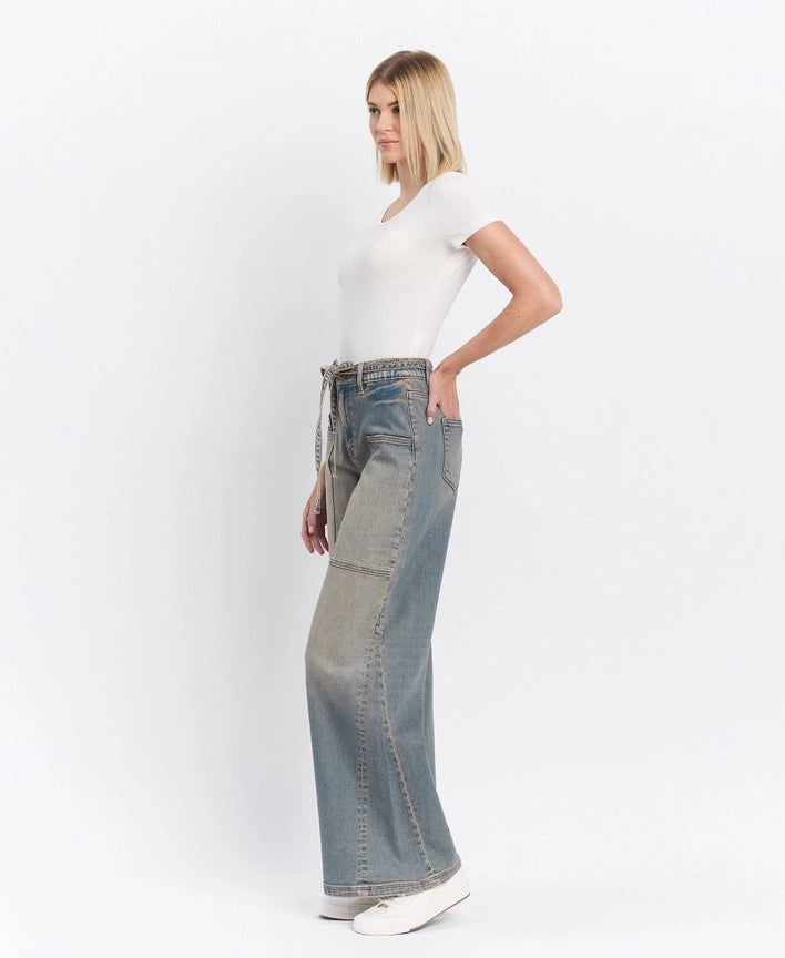 High Rise Elastic Tie Waistband Baggy Wide Jeans