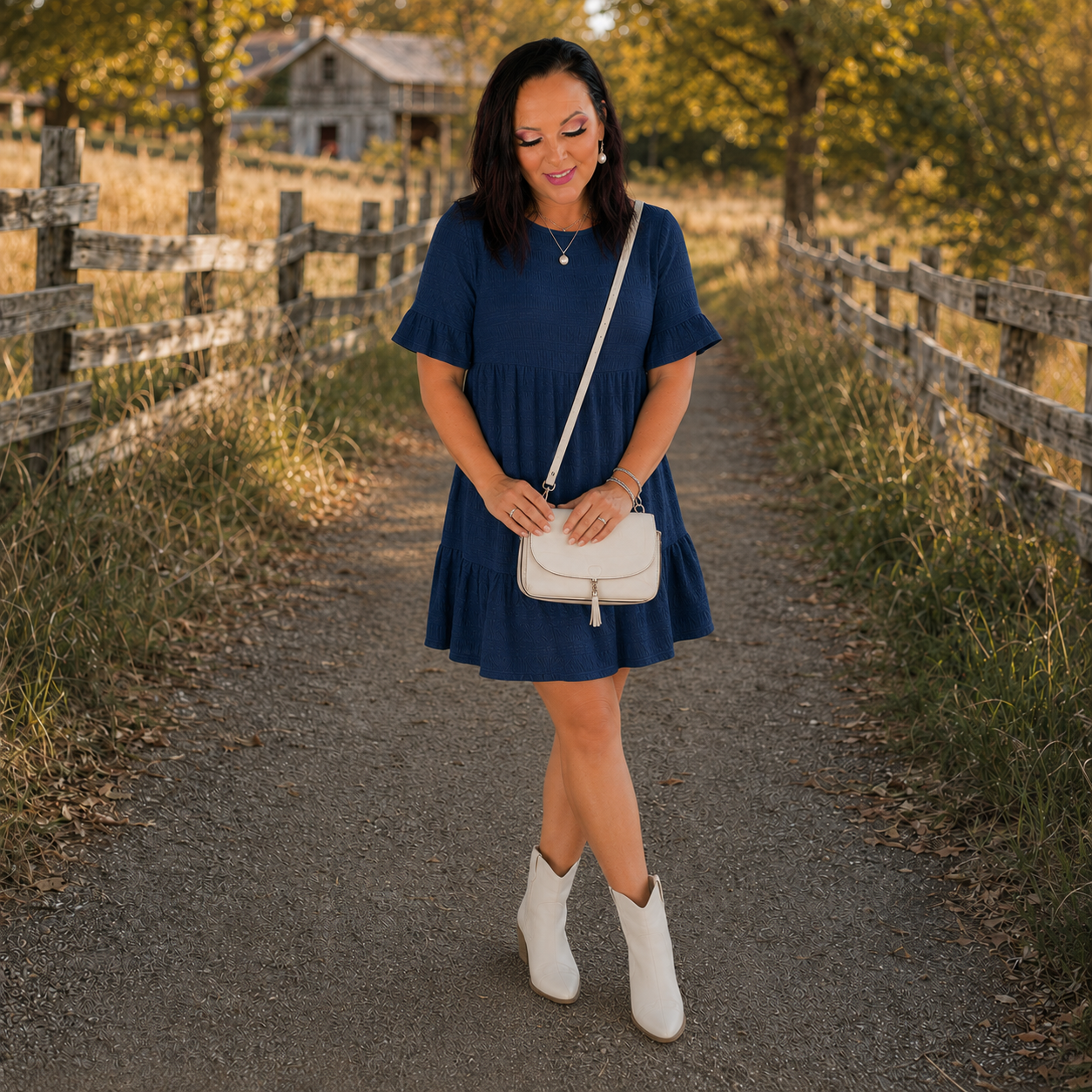 Navy Blue Textured Smocked Short Sleeve Tiered Midi Dress