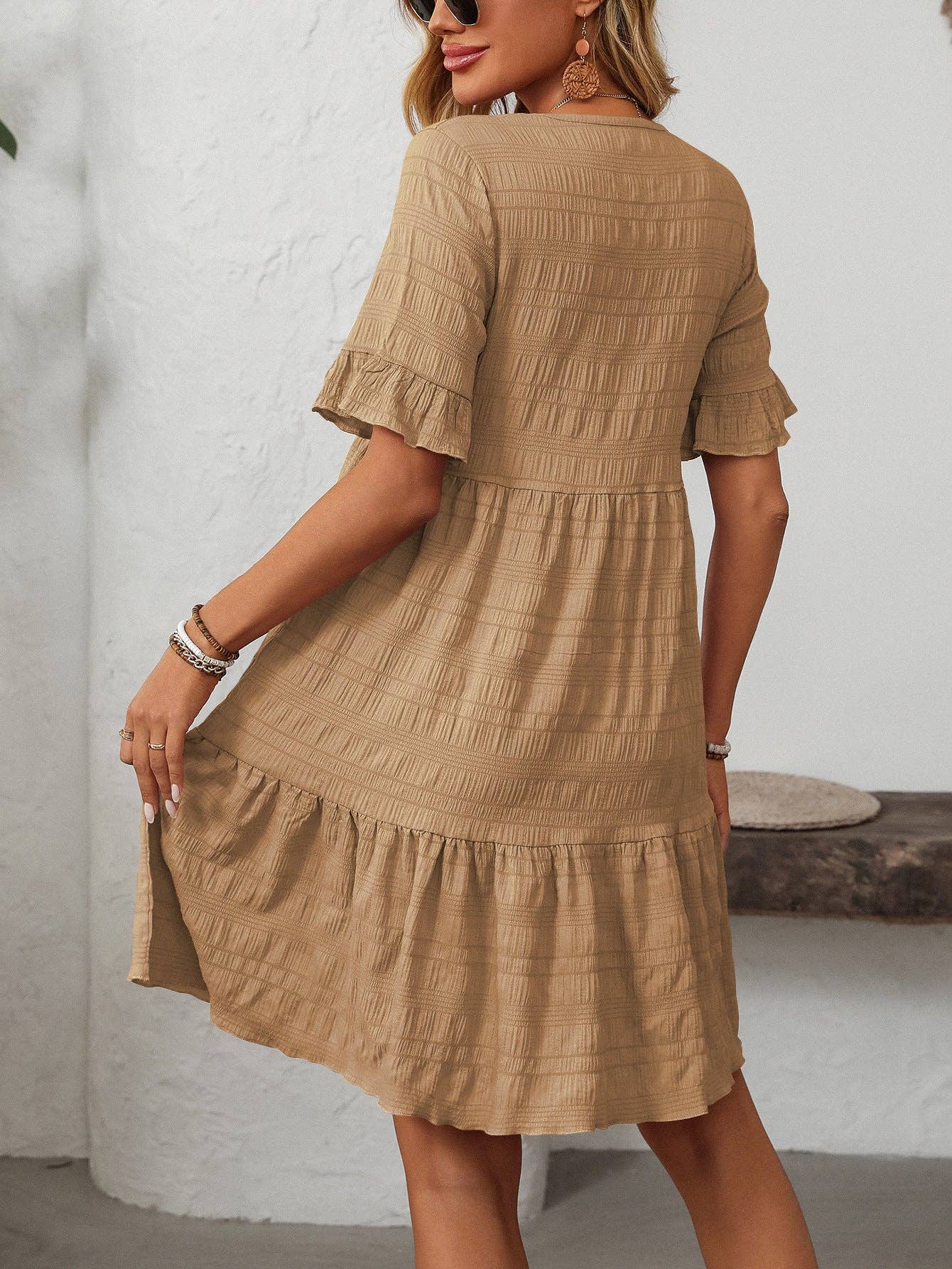 Textured Smocked Short Sleeve Tiered Midi Dress