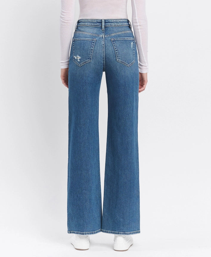 Super High Rise Medium Dark Wash Wide Leg Jeans