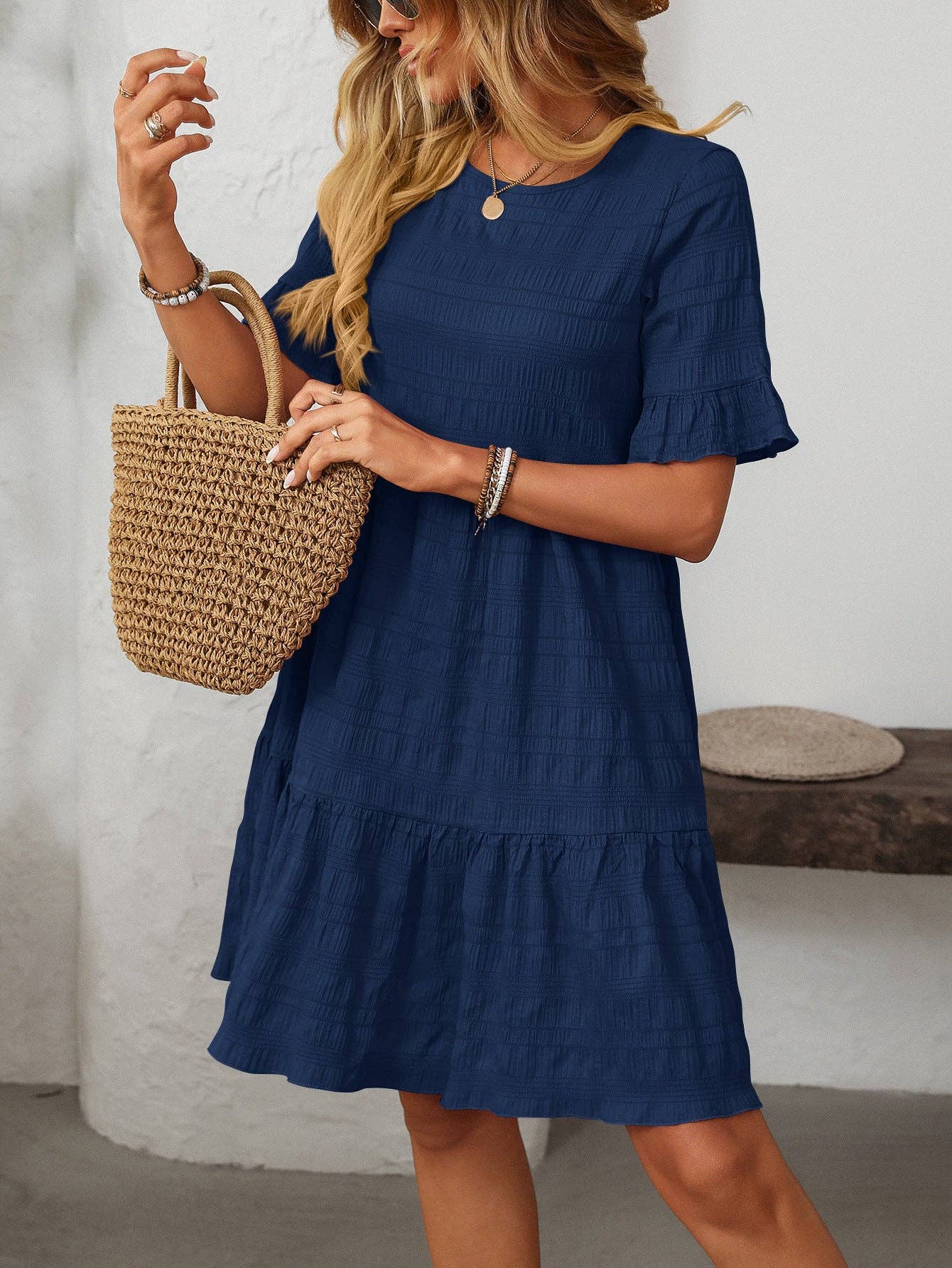 Textured Smocked Short Sleeve Tiered Midi Dress